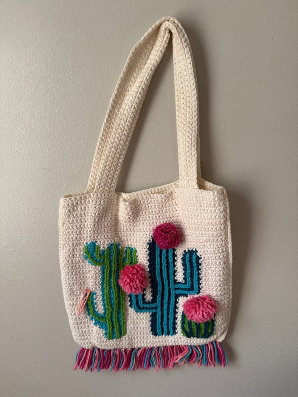 Cream hand made Crochet Cactus Tote Bag